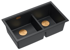 Quadron Unique Zlewozmywak granitowy dwukomorowy wpuszczany 76*45*23,5 cm LOGAN 120 PURE CARBON z syfonem save space w kolorze miedzianym-DARMOWA DOSTAWA 