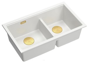 Quadron Unique Zlewozmywak granitowy dwukomorowy podwieszany 76*45*23,5 cm LOGAN 120 SNOW WHITE z syfonem save space w kolorze złotym-DARMOWA DOSTAWA 