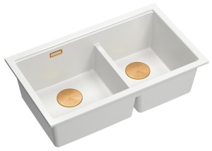 Quadron Unique Zlewozmywak granitowy dwukomorowy podwieszany 76*45*23,5 cm LOGAN 120 SNOW WHITE z syfonem save space w kolorze miedzianym-DARMOWA DOSTAWA 