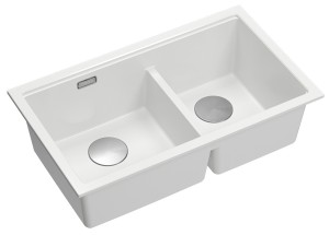 Quadron Unique Zlewozmywak granitowy dwukomorowy podwieszany 76*45*23,5 cm LOGAN 120 SNOW WHITE z syfonem save space w kolorze stalowym-DARMOWA DOSTAWA 