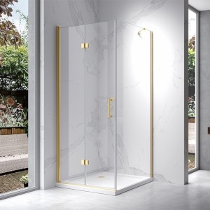 HYDROSAN Kabina prysznicowa kwadratowa narożna 90x90x195/193,2 drzwi pojedyncze składane złota szkło transparentne uniwersalna z powłoką Nano Glass ZES-KZ20C-GL-90