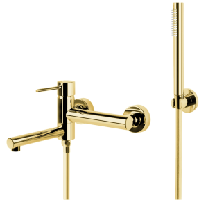 CORSAN - Bateria  LUGO wannowo-natryskowa ścienna ze składaną wylewką z punktowym zestawem prysznicowym ZŁOTA CMZ7541GL - DARMOWA DOSTAWA