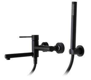 CORSAN - Bateria  LUGO wannowo-natryskowa ścienna ze składaną wylewką z punktowym zestawem prysznicowym CZARNA CMZ7541BL - DARMOWA DOSTAWA