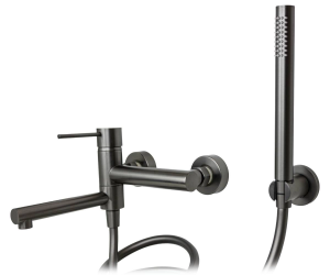 CORSAN - Bateria  LUGO wannowo-natryskowa ścienna ze składaną wylewką z punktowym zestawem prysznicowym GRAFITOWA/GunMetal CMZ7541GM - DARMOWA DOSTAWA