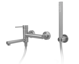 CORSAN - Bateria  LUGO wannowo-natryskowa ścienna ze składaną wylewką z punktowym zestawem prysznicowym STAL SZCZOTKOWANA CMZ7541BSL - DARMOWA DOSTAWA