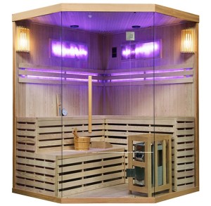 HYDROSAN SAUNA FIŃSKA SUCHA KEMI6 PIĘCIOKĄTNA WYSOKOTEMPERATUROWA 5-6 OSOBOWA 200x200x210 cm  Z PIECEM HARVIA 8KW  I PANELAMI SOLNYMI