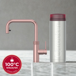 Zestaw Quooker: Kran Flex Square RÓŻOWA MIEDŹ (Rose Copper) z wyciąganą wylewką + zbiornik PRO3 (Wrzątek 100°C)