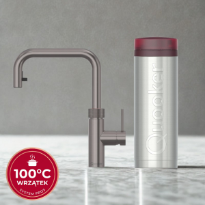 Zestaw Quooker: Kran Flex Square STALOWOSZARY (Gunmetal) z wyciąganą wylewką + zbiornik PRO3 (Wrzątek 100°C)