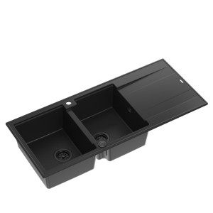 Zlewozmywak granitowy EVAN 121 – dwukomorowy, wpuszczany, pure carbon/elementy pure carbon, Quadron