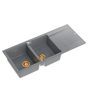 Zlewozmywak granitowy EVAN 121 – dwukomorowy, wpuszczany, silver stone/elementy miedziane, Quadron