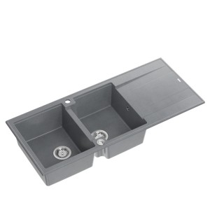 Zlewozmywak granitowy EVAN 121 – dwukomorowy, wpuszczany, silver stone/elementy stalowe, Quadron