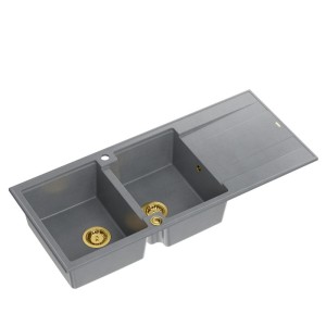 Zlewozmywak granitowy EVAN 121 – dwukomorowy, wpuszczany, silver stone/elementy złote, Quadron