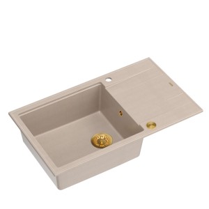 Zlewozmywak granitowy EVAN 136 XL – jednokomorowy, wpuszczany, pearl beige/elementy złote, Quadron