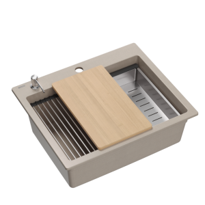 Zlewozmywak granitowy KURT 110 WORKSTATION – jednokomorowy, wpuszczany, pearl beige/elementy stalowe + AKCESORIA, Quadron