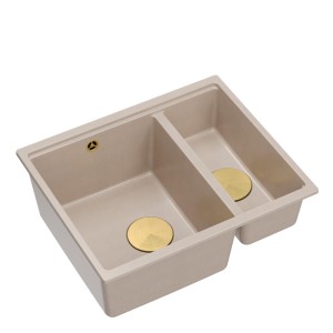 Zlewozmywak granitowy LOGAN 150 – półtorakomorowy, podwieszany, pearl beige/elementy złote, Quadron