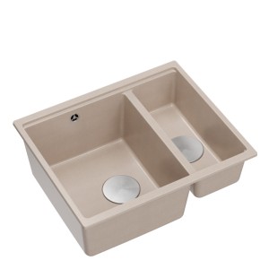 Zlewozmywak granitowy LOGAN 150 – półtorakomorowy, wpuszczany, pearl beige/elementy stalowe, Quadron