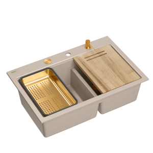 Zlewozmywak granitowy MARC 120 WORKSTATION – dwukomorowy, wpuszczany, pearl beige/elementy miedziane + AKCESORIA, Quadron