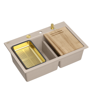 Zlewozmywak granitowy MARC 120 WORKSTATION – dwukomorowy, wpuszczany, pearl beige/elementy złote + AKCESORIA, Quadron