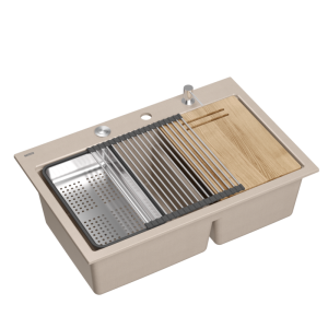 Zlewozmywak granitowy MARC 120 WORKSTATION – dwukomorowy, wpuszczany, pearl beige/elementy stalowe + AKCESORIA, Quadron