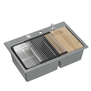 Zlewozmywak granitowy MARC 120 WORKSTATION – dwukomorowy, wpuszczany, silver stone/elementy stalowe + AKCESORIA, Quadron