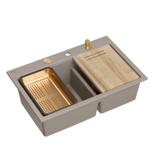 Zlewozmywak granitowy MARC 120 WORKSTATION – dwukomorowy, wpuszczany, soft taupe/elementy miedziane + AKCESORIA, Quadron