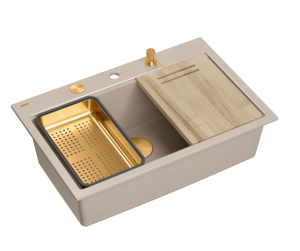 Zlewozmywak granitowy MARC 110 WORKSTATION – jednokomorowy, wpuszczany, pearl beige/elementy miedziane + AKCESORIA, Quadron