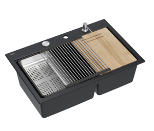 Zlewozmywak granitowy MARC 120 WORKSTATION – dwukomorowy, wpuszczany, pure carbon/elementy stalowe + AKCESORIA, Quadron