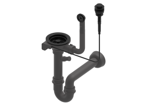 RUVETTI - Syfon 1-komorowy FULL BLACK SAVE SPACE AUTOMAT PRZYCISK 3,5'' do zlewozmywaka granitowego, przelew stalowy