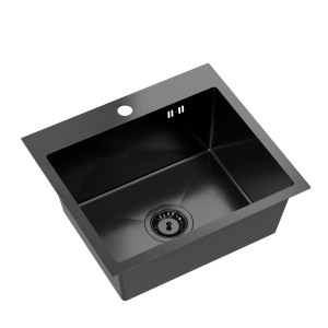 RUVETTI - LOOK 50 – zlewozmywak PVD BLACK 500×450 mm FM (wpuszczany / na równi z blatem), przelew klasyczny, syfon save space
