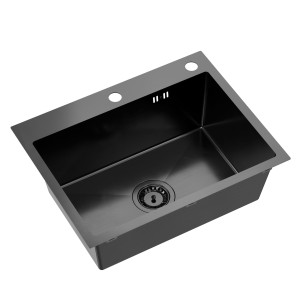 RUVETTI - LOOK 60 – zlewozmywak PVD BLACK 580×450mm FM (wpuszczany / na równi z blatem), przelew klasyczny, syfon save space