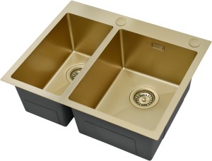 RUVETTI - MASIVO 65 NEW PVD SZAMPAN Zlewozmywak wpuszczany / FM 610x510 mm 1,5 komory ukryty przelew syfon manualny Save Space