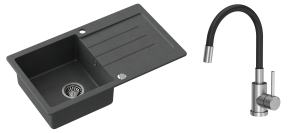 Quadron POP Zlewozmywak granitowy jednokomorowy 77*44*18,5 cm z ociekaczem JOHNNY 111 GRANITEQ czarny ze stalowym odpływem z baterią MAGGIE z elastyczną wylewką