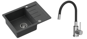 Quadron POP Zlewozmywak granitowy jednokomorowy 60*44*18,5 cm z ociekaczem JOHNNY 116 GRANITEQ  czarny ze stalowym odpływem z baterią MAGGIE z elastyczną wylewką