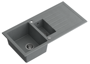 Quadron Zlewozmywak granitowy półtorakomorowy 100*50*22,5 cm z ociekaczem BRUCE 156 szary ze stalowym odpływem