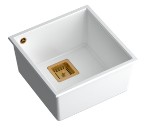 Quadron Unique Zlewozmywak granitowy jednokomorowy podwieszany 42*41*22,5 cm DAVID 40 SNOW WHITE z miedzianym odpływem-DARMOWA DOSTAWA