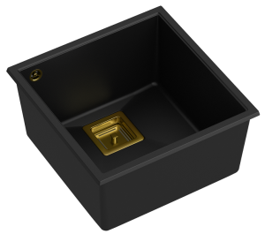 Quadron Unique Zlewozmywak granitowy jednokomorowy podwieszany 42*41*22,5 cm DAVID 40 PURE CARBON czarny mat ze złotym odpływem-DARMOWA DOSTAWA