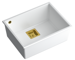 Quadron Unique Zlewozmywak granitowy jednokomorowy podwieszany 55*42*22,5 cm DAVID 50 SNOW WHITE ze złotym odpływem-DARMOWA DOSTAWA