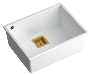 Quadron Unique Zlewozmywak granitowy jednokomorowy podwieszany 55*42*22,5 cm DAVID 50 SNOW WHITE z miedzianym odpływem-DARMOWA DOSTAWA