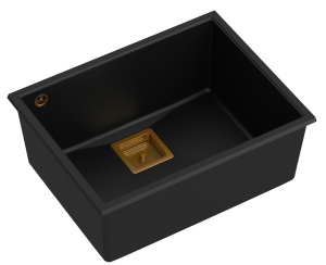 Quadron Unique Zlewozmywak granitowy jednokomorowy podwieszany 55*42*22,5 cm DAVID 50 PURE CARBON czarny mat z miedzianym odpływem-DARMOWA DOSTAWA