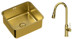 Quadron Zlewozmywak stalowy podwieszany 44*39*18 cm NICOLAS kolor złoty z baterią JESSICA Q LINE z wyciąganą wylewką i funkcją prysznica-DARMOWA DOSTAWA