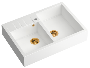 Quadron Unique Zlewozmywak granitowy dwukomorowy nakładany 90*62*22 cm  BILL 120 GRANITEQ  SNOW WHITE z miedzianym odpływem-DARMOWA DOSTAWA
