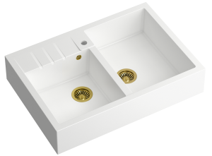 Quadron Unique Zlewozmywak granitowy dwukomorowy nakładany 90*62*22 cm  BILL 120 GRANITEQ  SNOW WHITE ze złotym odpływem-DARMOWA DOSTAWA