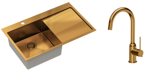Quadron Zlewozmywak stalowy jednokomorowy 78*48*20 cm z ociekaczem RUSSEL 111 kolor miedziany z baterią INGRID Q LINE-DARMOWA DOSTAWA