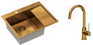 Quadron Zlewozmywak stalowy jednokomorowy 62*48*20 cm z ociekaczem RUSSEL 116 kolor miedziany z baterią INGRID Q LINE-DARMOWA DOSTAWA