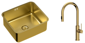 Quadron Zlewozmywak stalowy podwieszany 44*39*18 cm NICOLAS kolor złoty z baterią JENNIFER  Q LINE SLIM  z wyciąganą wylewką i funkcją prysznica-DARMOWA DOSTAWA