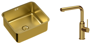 Quadron Zlewozmywak stalowy podwieszany 44*39*18 cm NICOLAS kolor złoty z baterią ANGELINA Q LINE z wyciąganą wylewką-DARMOWA DOSTAWA