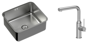 Quadron Zlewozmywak stalowy podwieszany 44*39*18 cm NICOLAS kolor stal szczotkowana z baterią ANGELINA Q LINE z wyciąganą wylewką -DARMOWA DOSTAWA