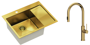Quadron Zlewozmywak stalowy jednokomorowy 62*48*20 cm z ociekaczem RUSSEL 116 kolor złoty z baterią JENNIFER Q LINE SLIM  z wyciąganą wylewką i funkcją prysznica-DARMOWA DOSTAWA