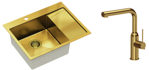 Quadron Zlewozmywak stalowy jednokomorowy 62*48*20 cm z ociekaczem RUSSEL 116 kolor złoty z baterią ANGELINA Q LINE z wyciąganą wylewką-DARMOWA DOSTAWA