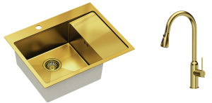 Quadron Zlewozmywak stalowy jednokomorowy 62*48*20 cm z ociekaczem RUSSEL 116 kolor złoty z baterią JESSICA Q LINE z wyciąganą wylewką i funkcją prysznica-DARMOWA DOSTAWA
